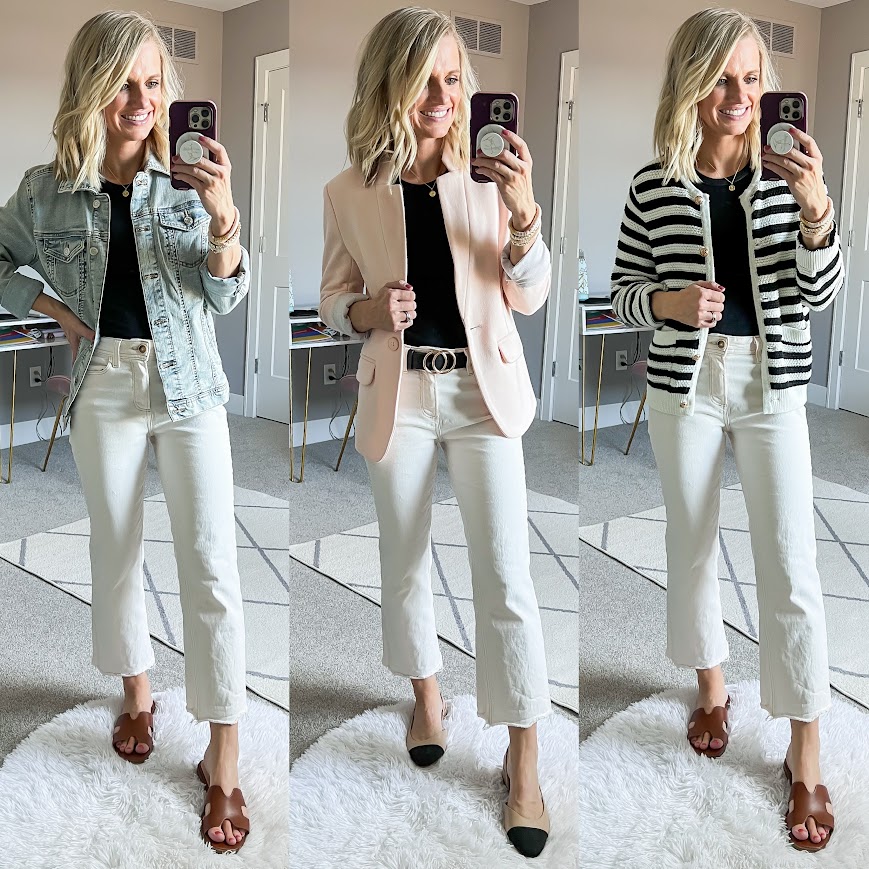 Elevated mom-friendly spring capsule wardrobe with white jeans. 