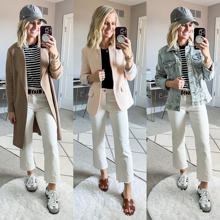 Mom-friendly spring capsule wardrobe with white jeans styled 3 ways. 