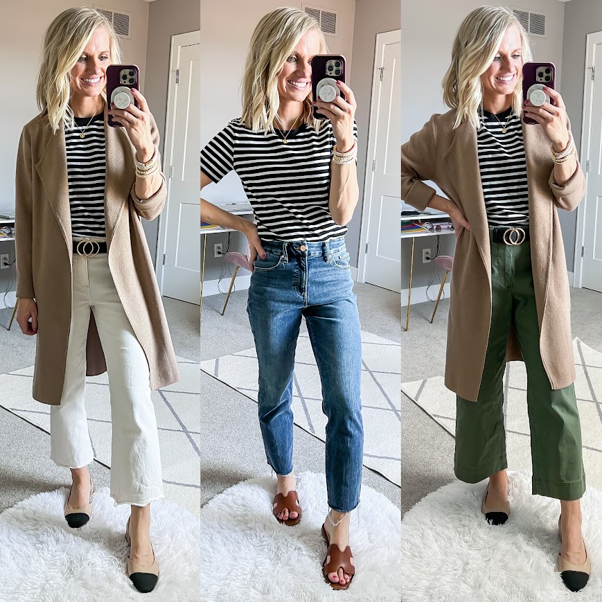 Mom-friendly spring capsule wardrobe with a striped t-shirt styled 3 ways. 