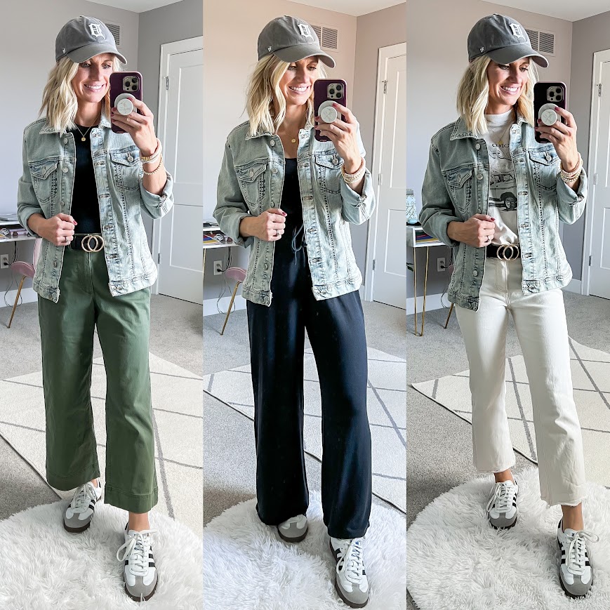 Spring capsule wardrobe with sneakers and a denim jacket. 