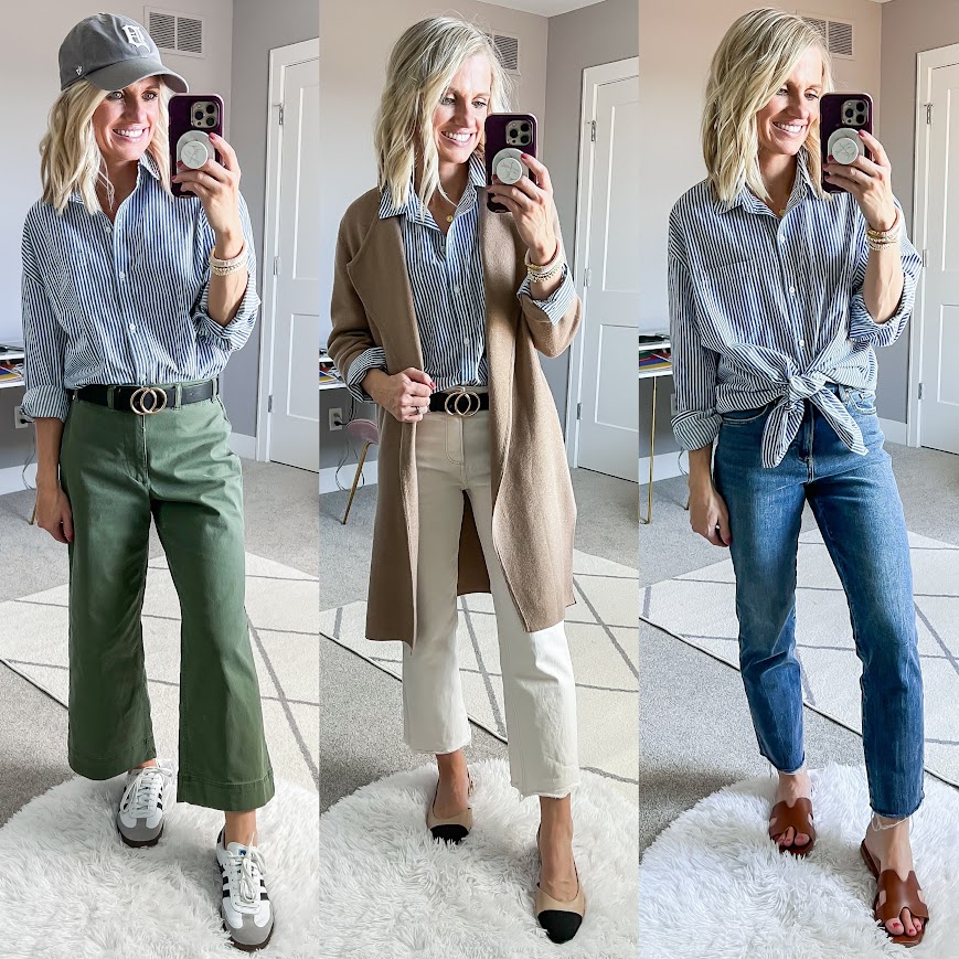 Mom spring capsule wardrobe with a blue button-down shirt.