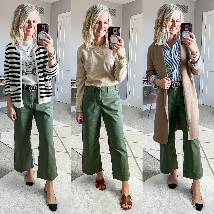 Mom spring capsule wardrobe with green wide leg pants. 