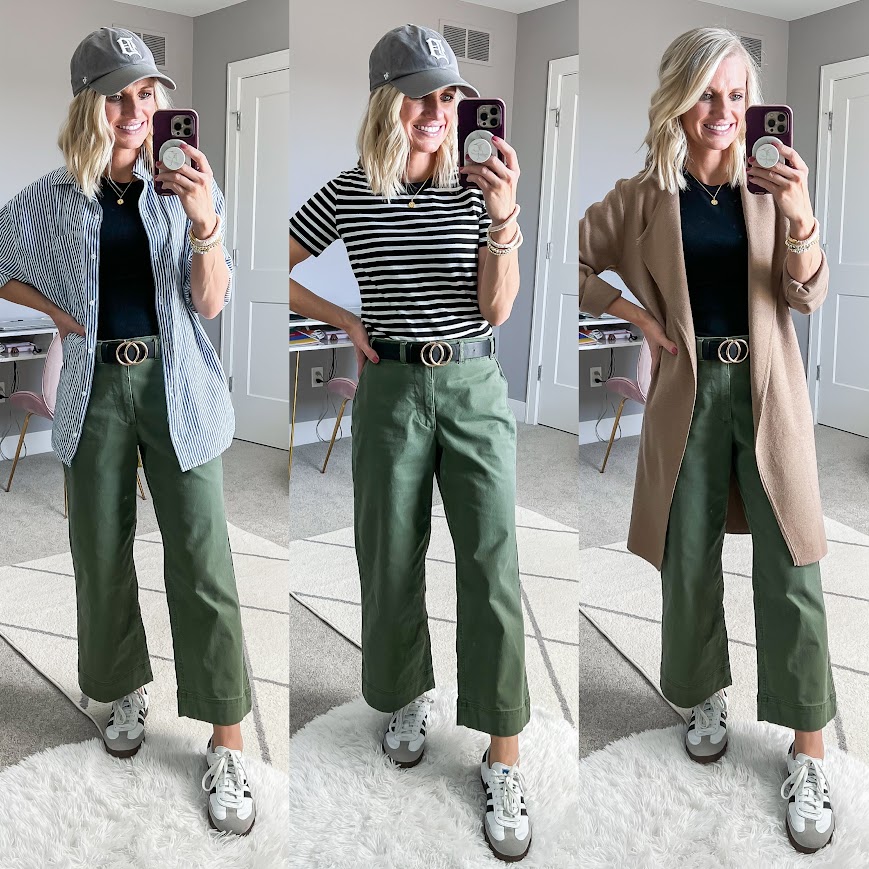 Mom spring capsule wardrobe with green wide leg pants. 