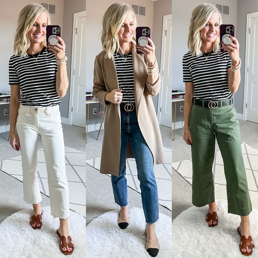 Mom spring capsule wardrobe with a striped shirt. 