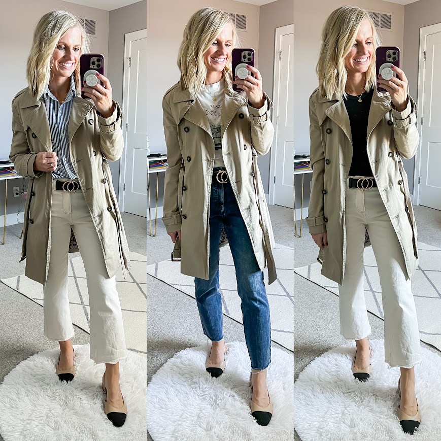 Mom spring capsule wardrobe with a trench coat. 
