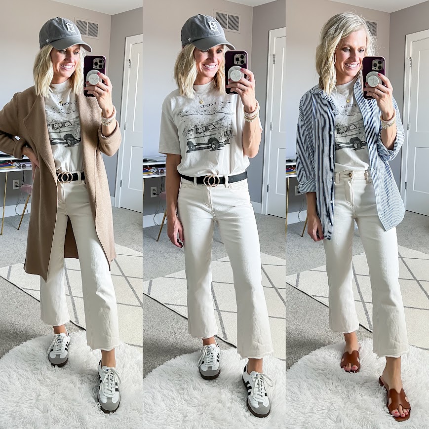 Mom spring capsule wardrobe with white jeans and a graphic tee.