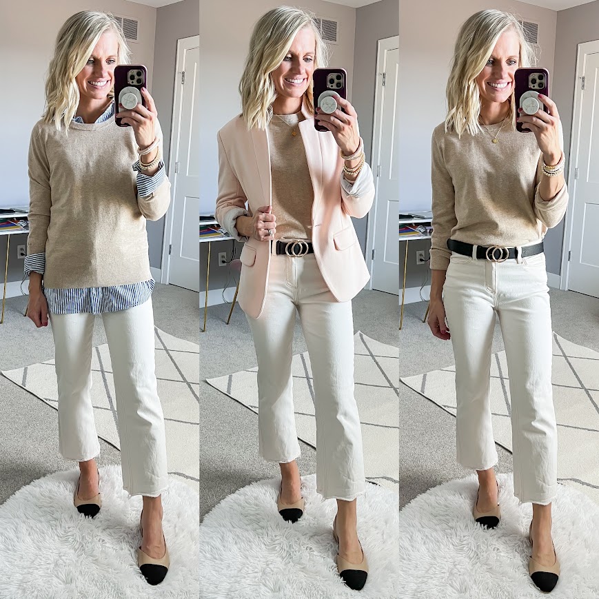 Mom spring capsule wardrobe with a tan sweater. 