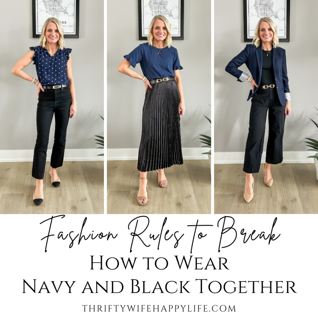 3 outfit ideas wearing black and navy together.