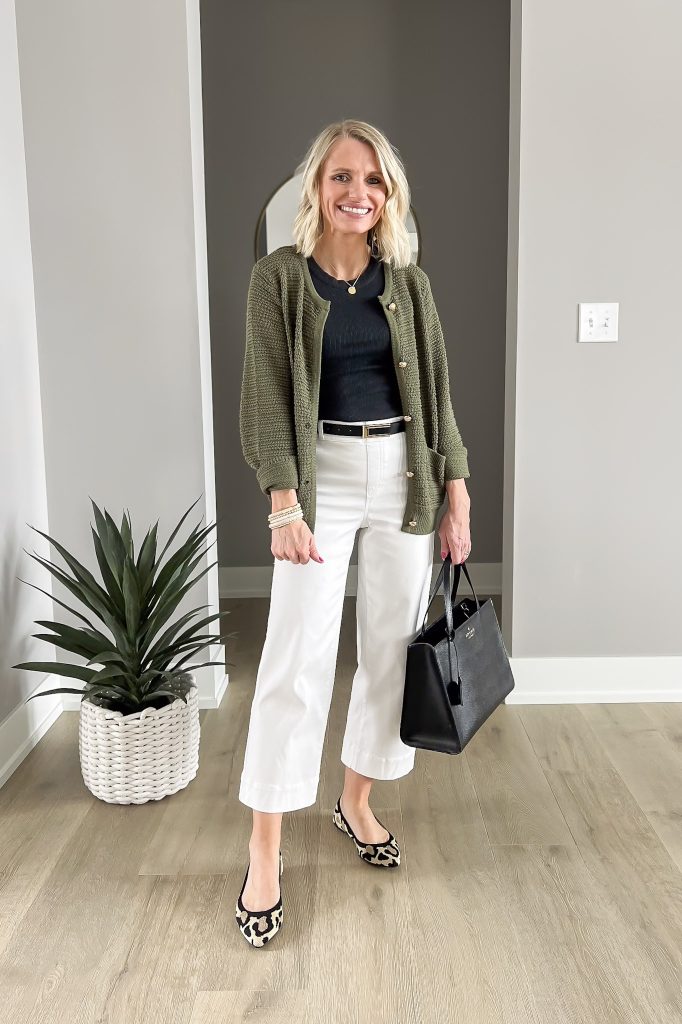 Cropped wide-leg pants with a green cardigan. 