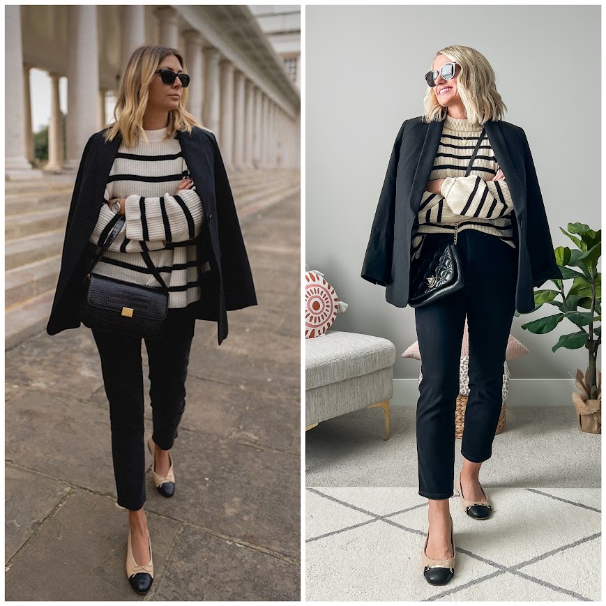 Recreating a Pinterest oufit with black jeans, a striped sweater and a black oversized blazer. 