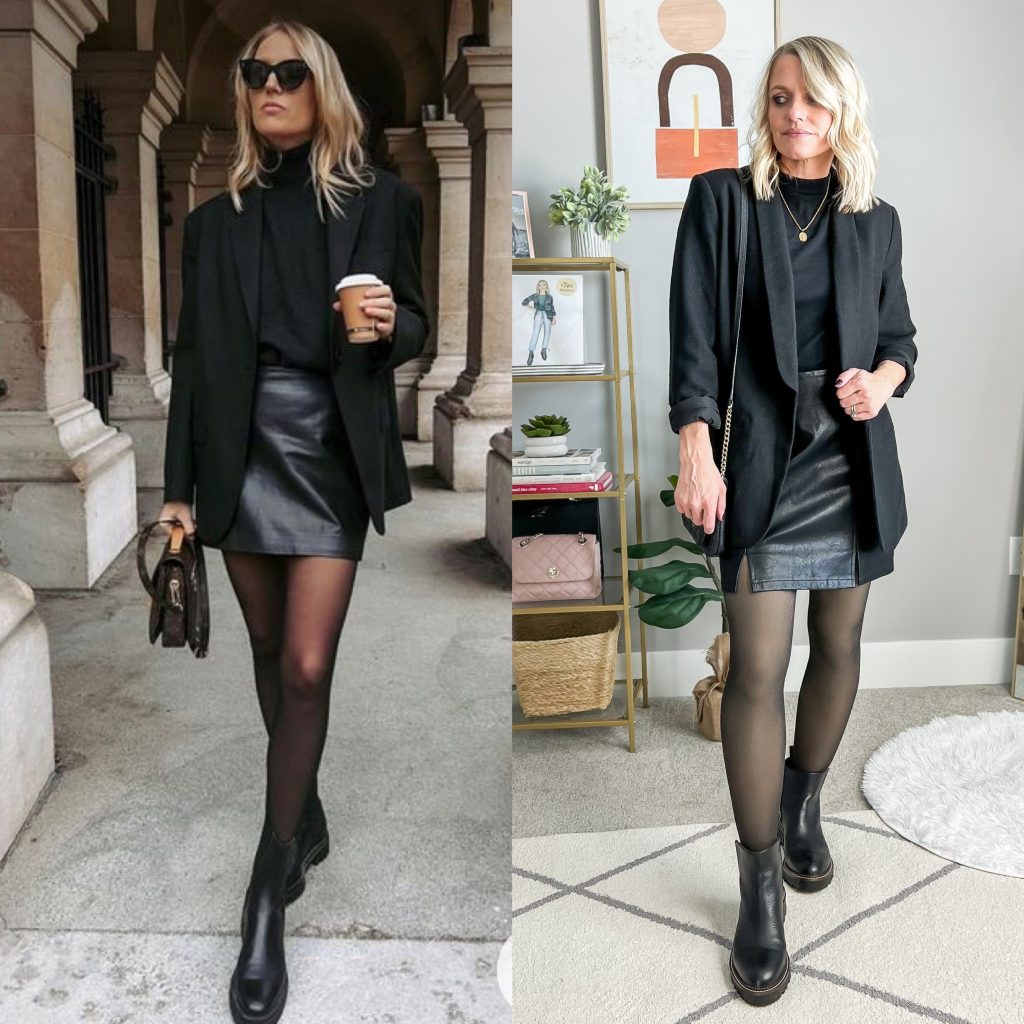 pinterest outfit black blazer, top and mini skirt with opaque tights and black boots