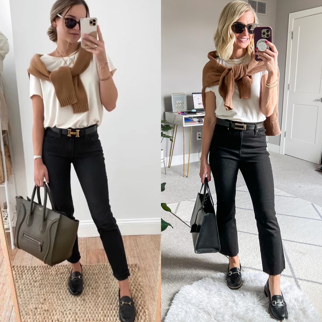 pinterest mom outfit black cropped pants with belt, white tee shit and brown sweater worn over shoulders.