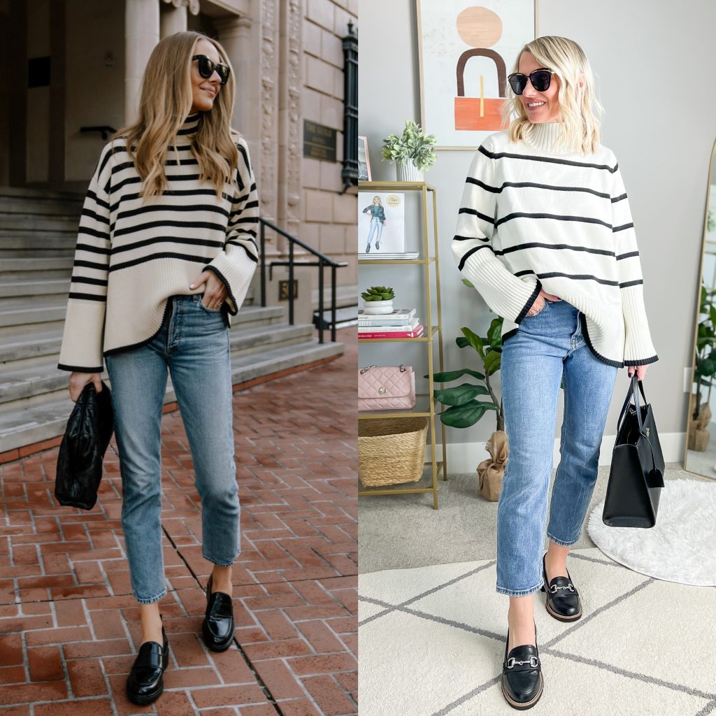 cute mom outfit lookse striped sweater, jeans and black loafers