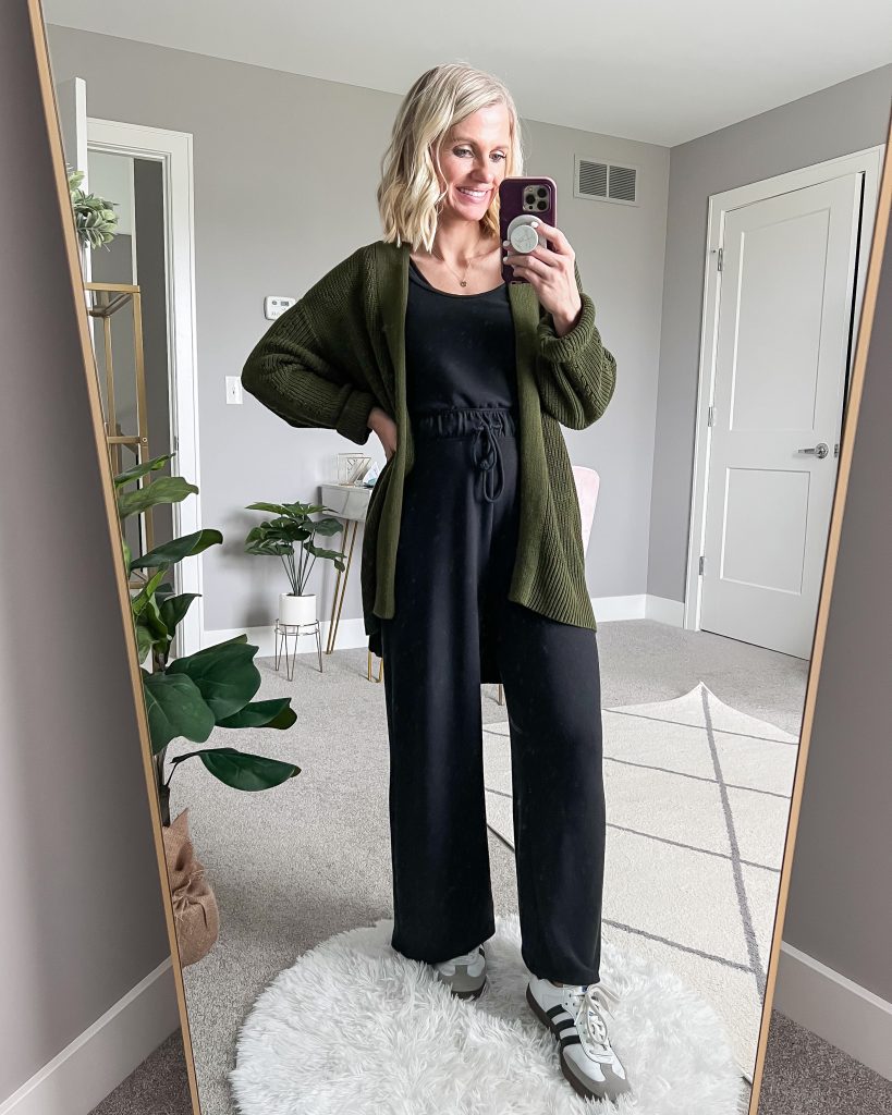 Green open front cardigan with jumpsuit
