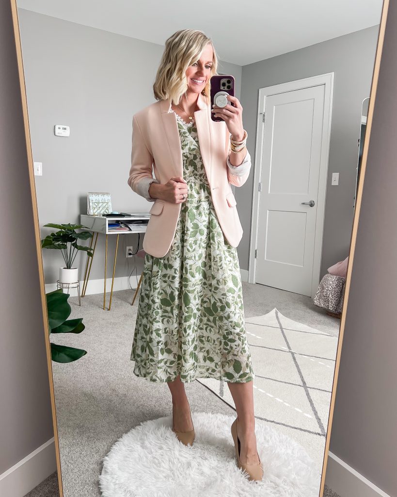 Dressy Mom Outfit to Copy pink blazer with green floral midi dress