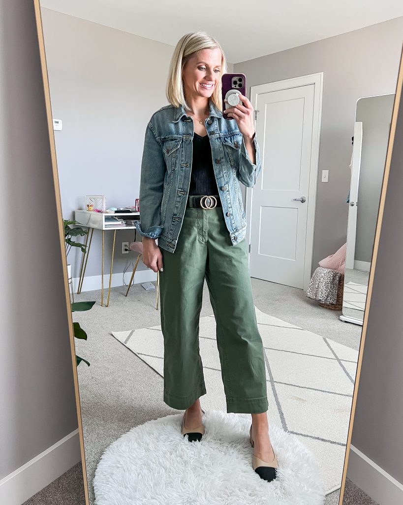 jean jacket with green wide leg pants and flats