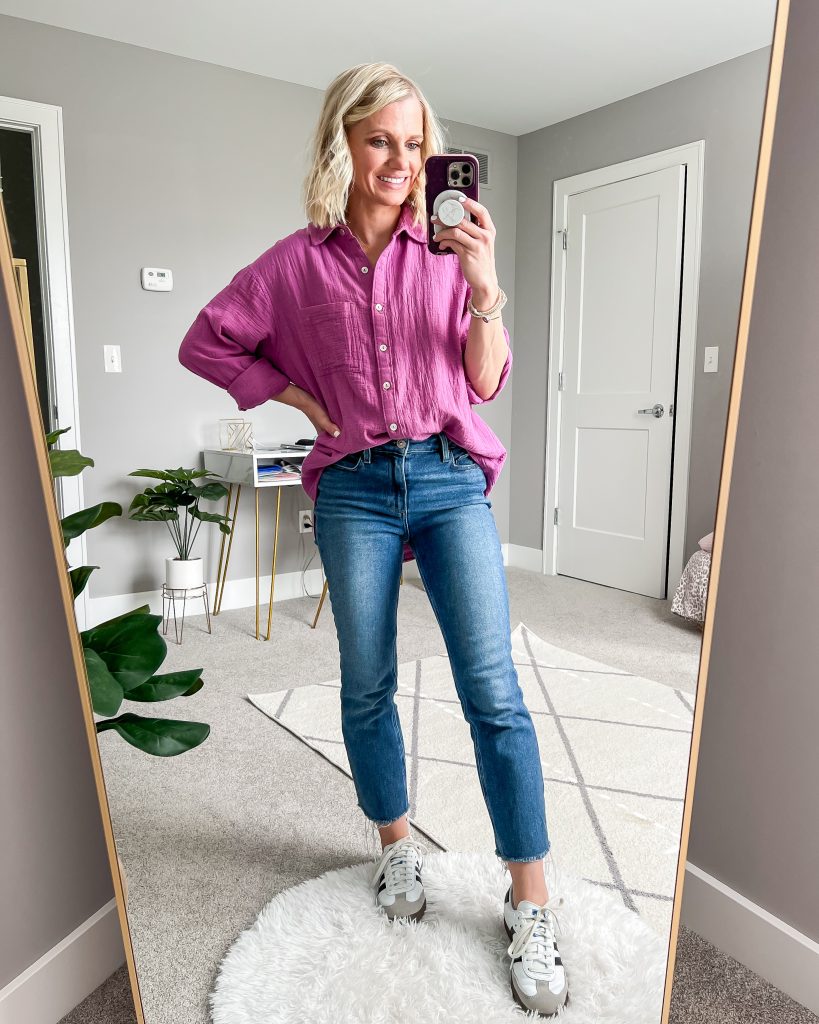 Hot pink button-down shirt with skinny jeans and tennis shoes
