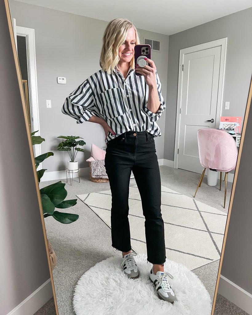 striped button-down shirt with cropped black jeans