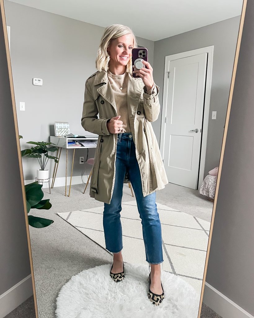trench coat with leopard ballet flats and jeans
