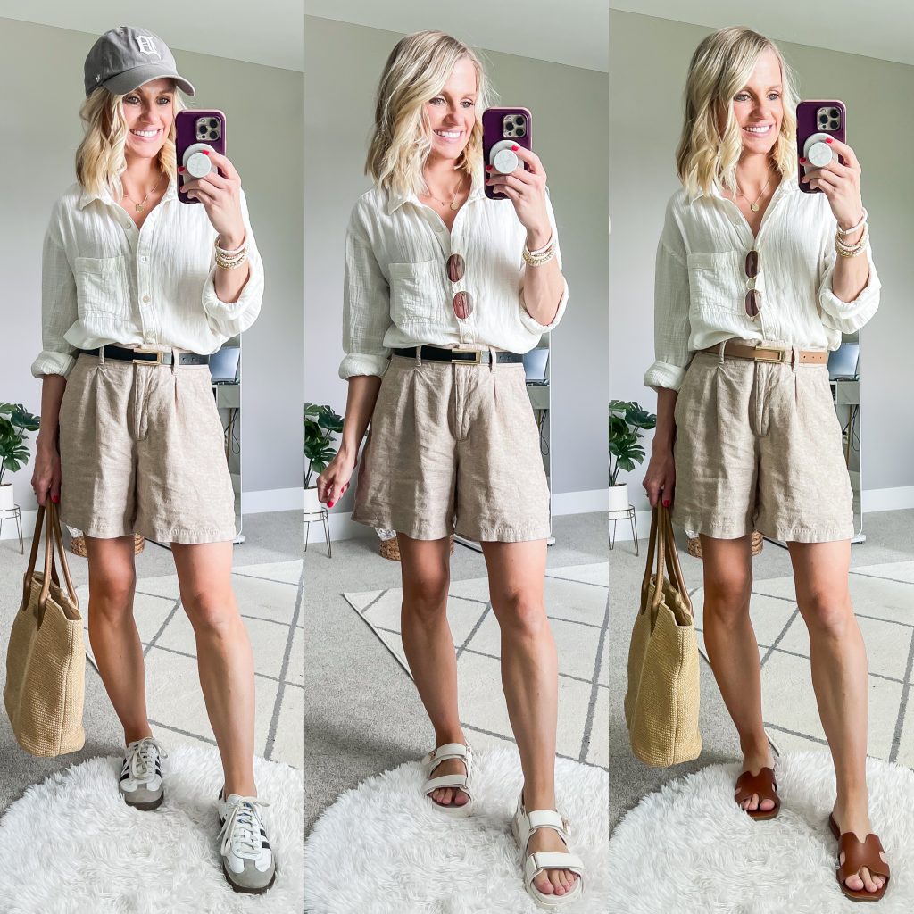Summer Mom Capsule Wardrobe with white gauzy shirt and linen shorts styled three ways