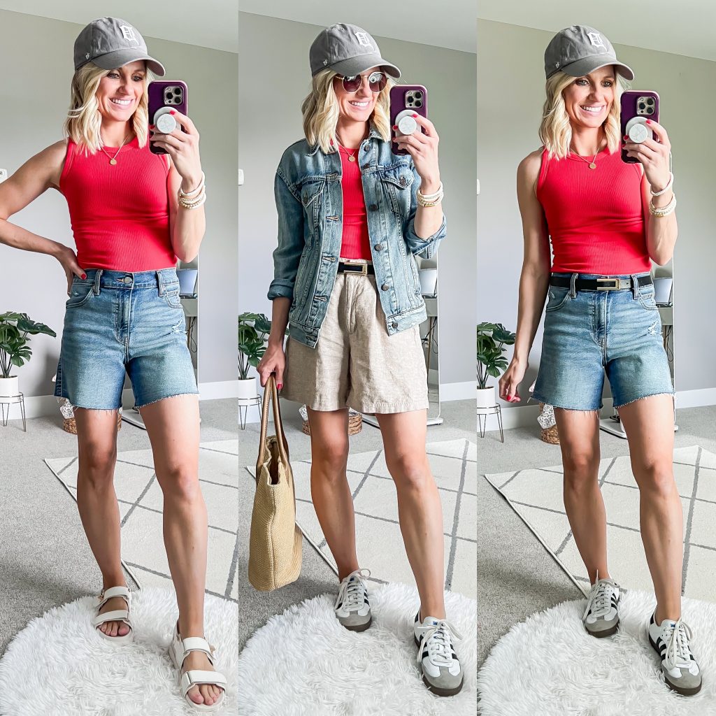 Summer Mom Capsule Wardrobe with a red tank top styled three ways
