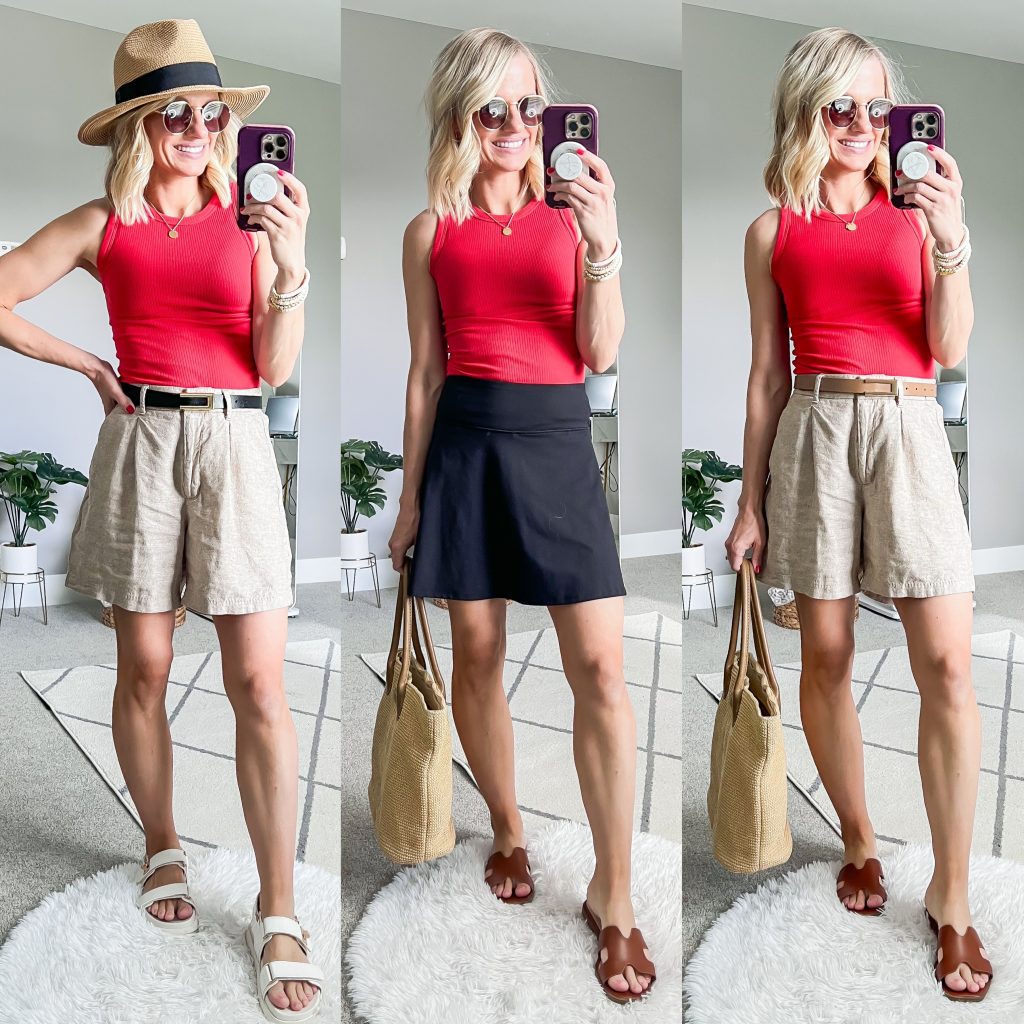 Summer Mom Capsule Wardrobe with red tank top styled three ways