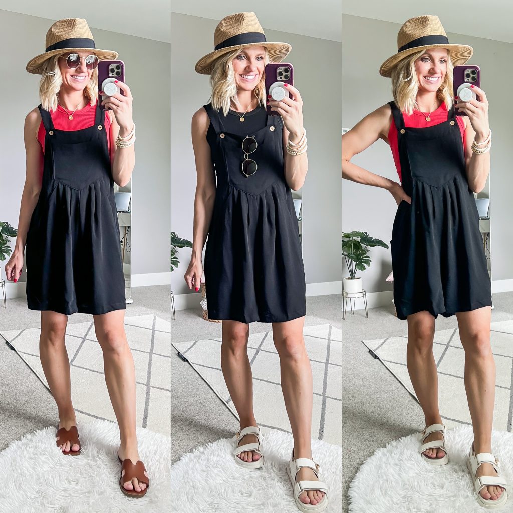 Summer Mom Capsule Wardrobe with black romper and straw hat styled three ways