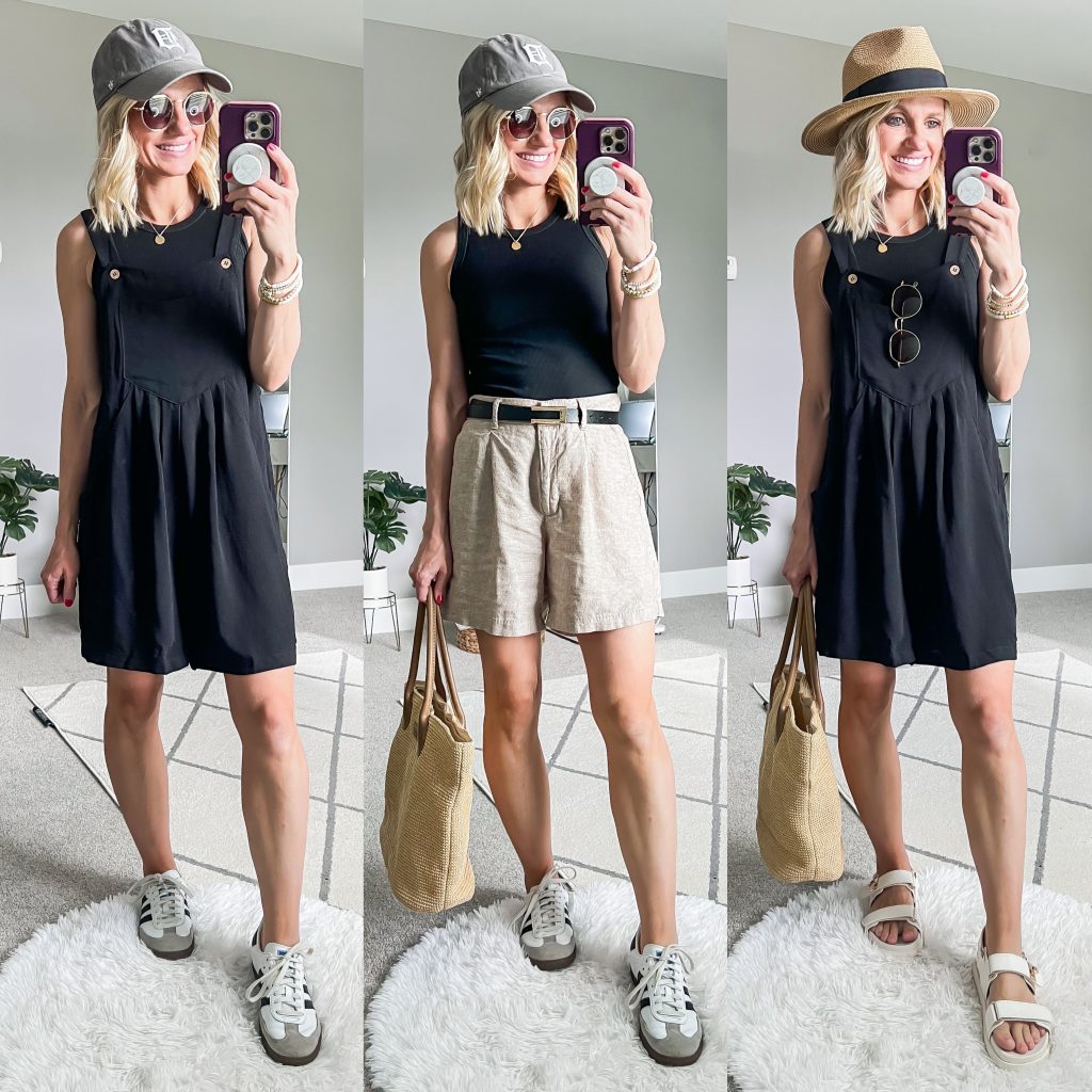 Summer Mom Capsule Wardrobe with a black tank top as a base styled 3 ways