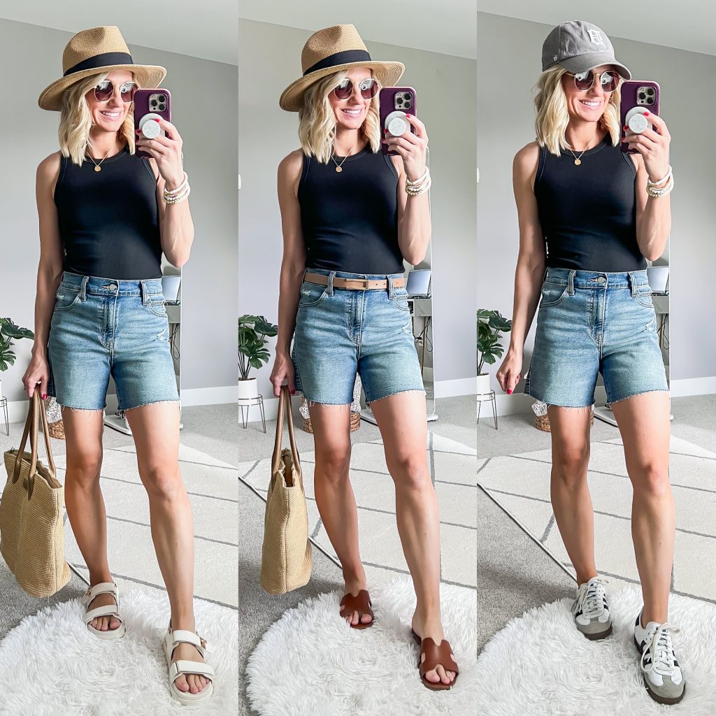 Summer Mom Capsule Wardrobe with black tank top as a base styled 3 ways