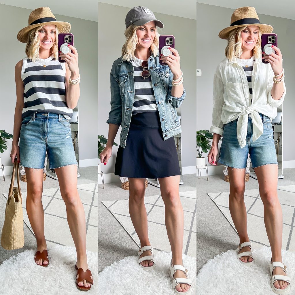 Summer Mom Capsule Wardrobe with striped tank top styled three ways