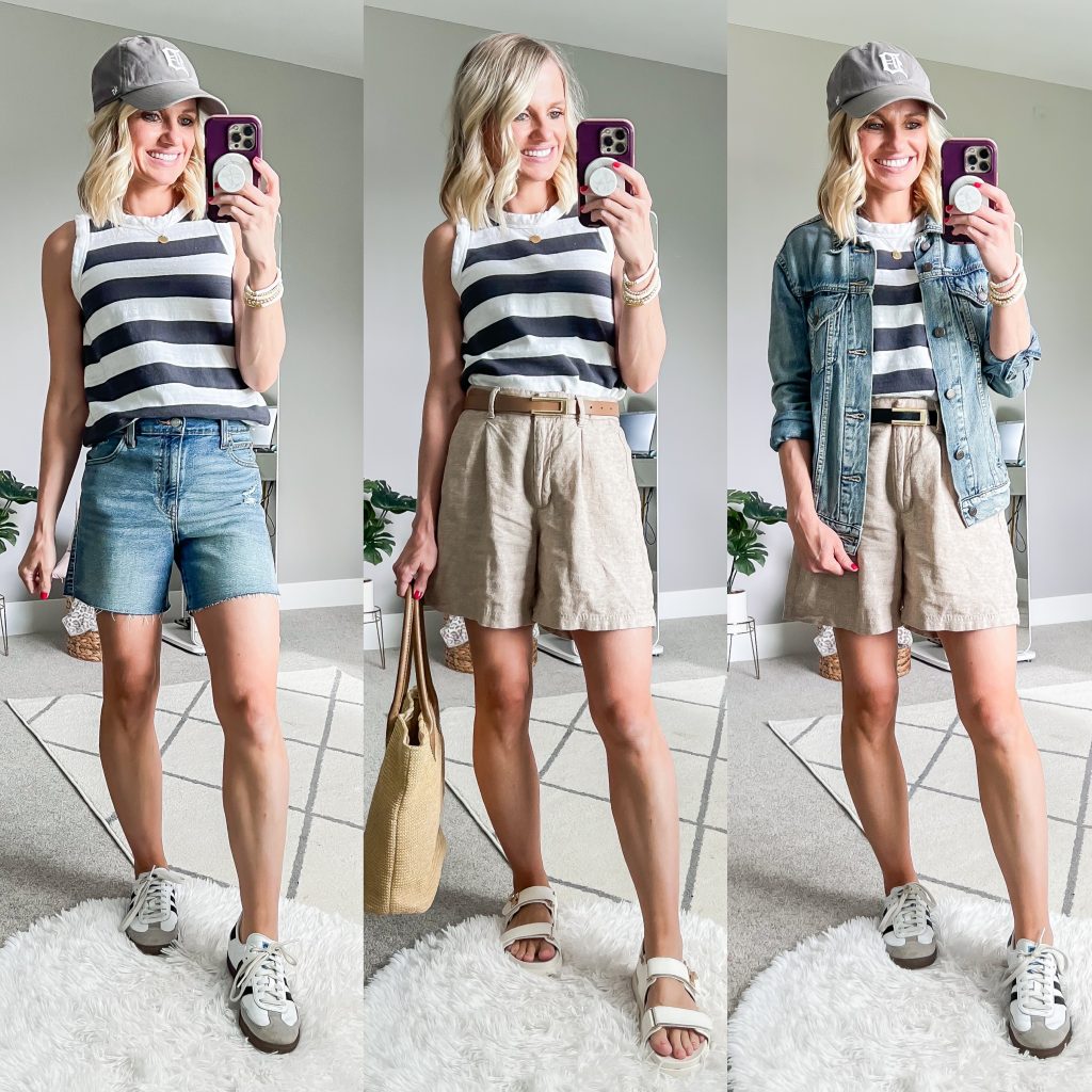 Summer Mom Capsule Wardrobe with striped tank top styled three ways
