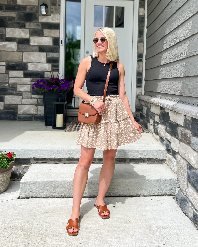 Easy Summer Mom Outfit idea black tank top tan patterned skirt