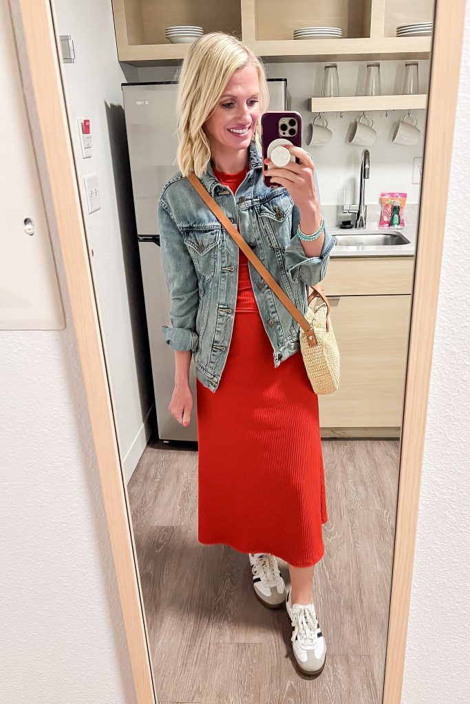 travel outfit for cruise red midi dress with jean jacket and tennis shoes