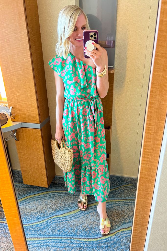 cruise dressy outfit one shoulder floral print dress with rattan purse