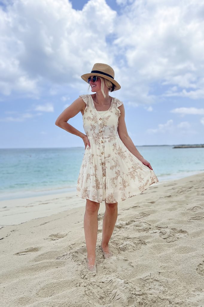 beach outfit from bahamas cruise flowy white dress with sun hat