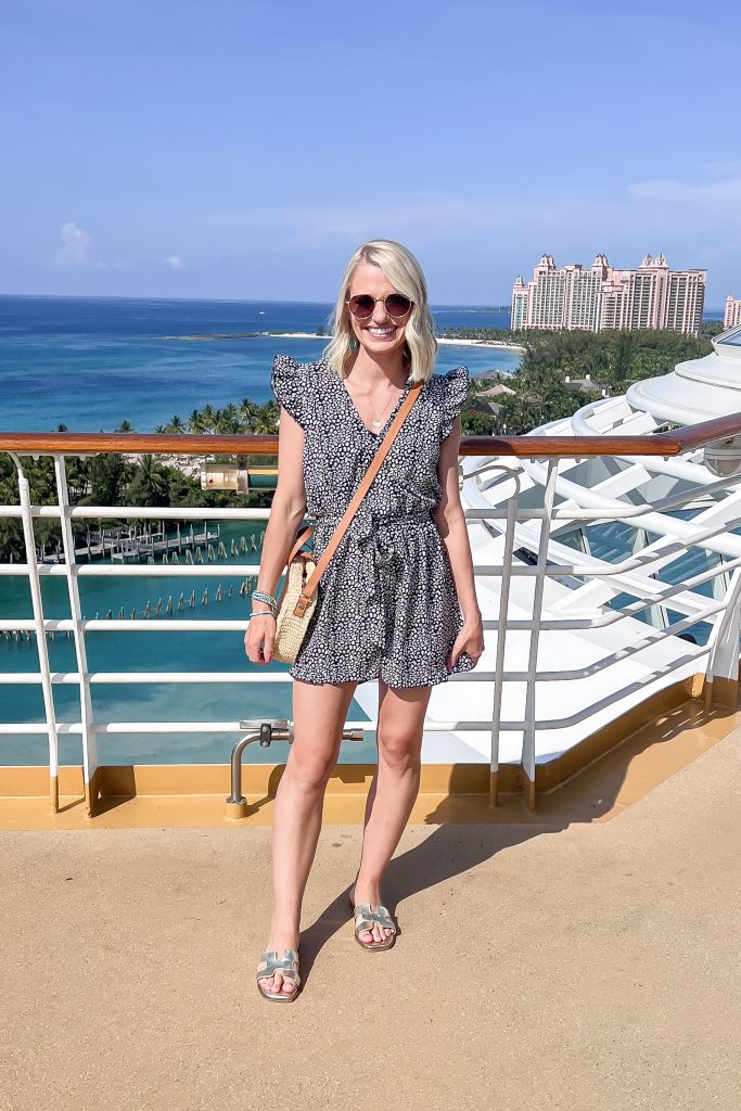 cruise outfit, wrap style romper with crossbody purse