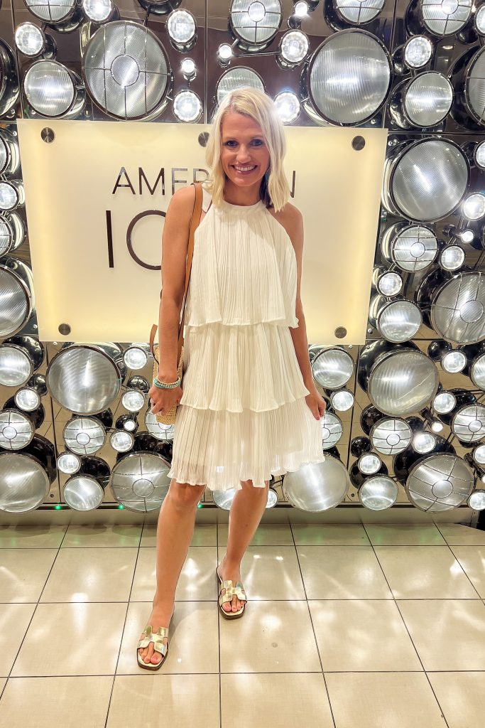 dressy cruise outfit, white dress with silver sandals