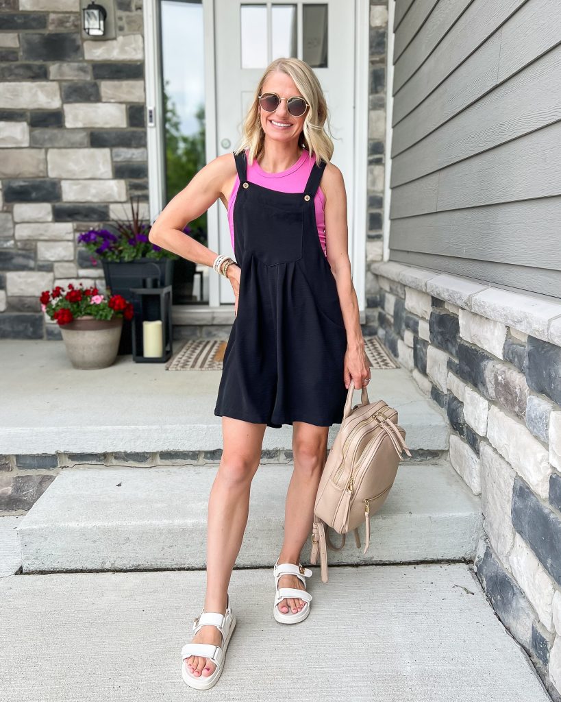 mom outfit black romper hot pink shirt