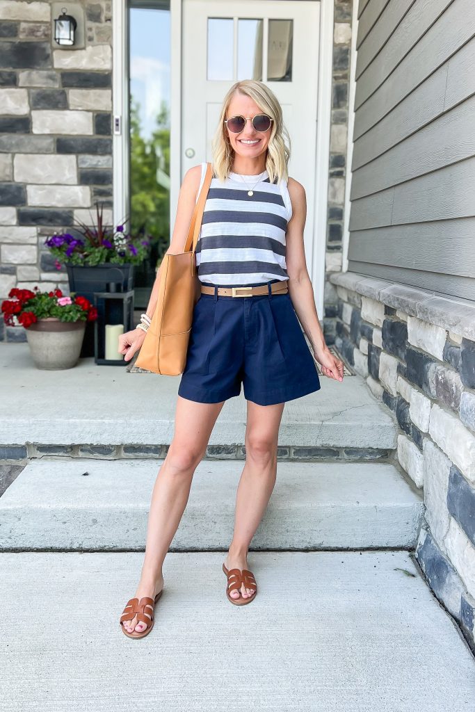 summer mom outfit idea navy shorts striped tank