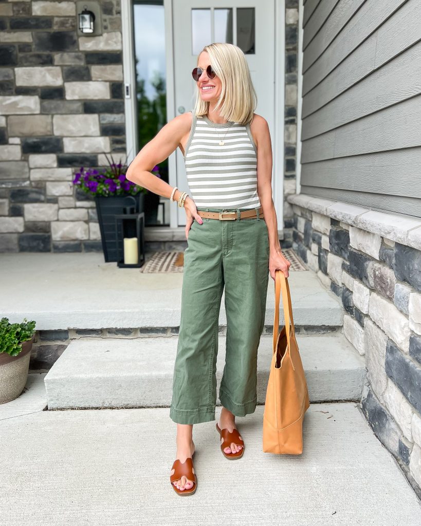 easy summer mom outfit striped tank and wide leg cropped pants