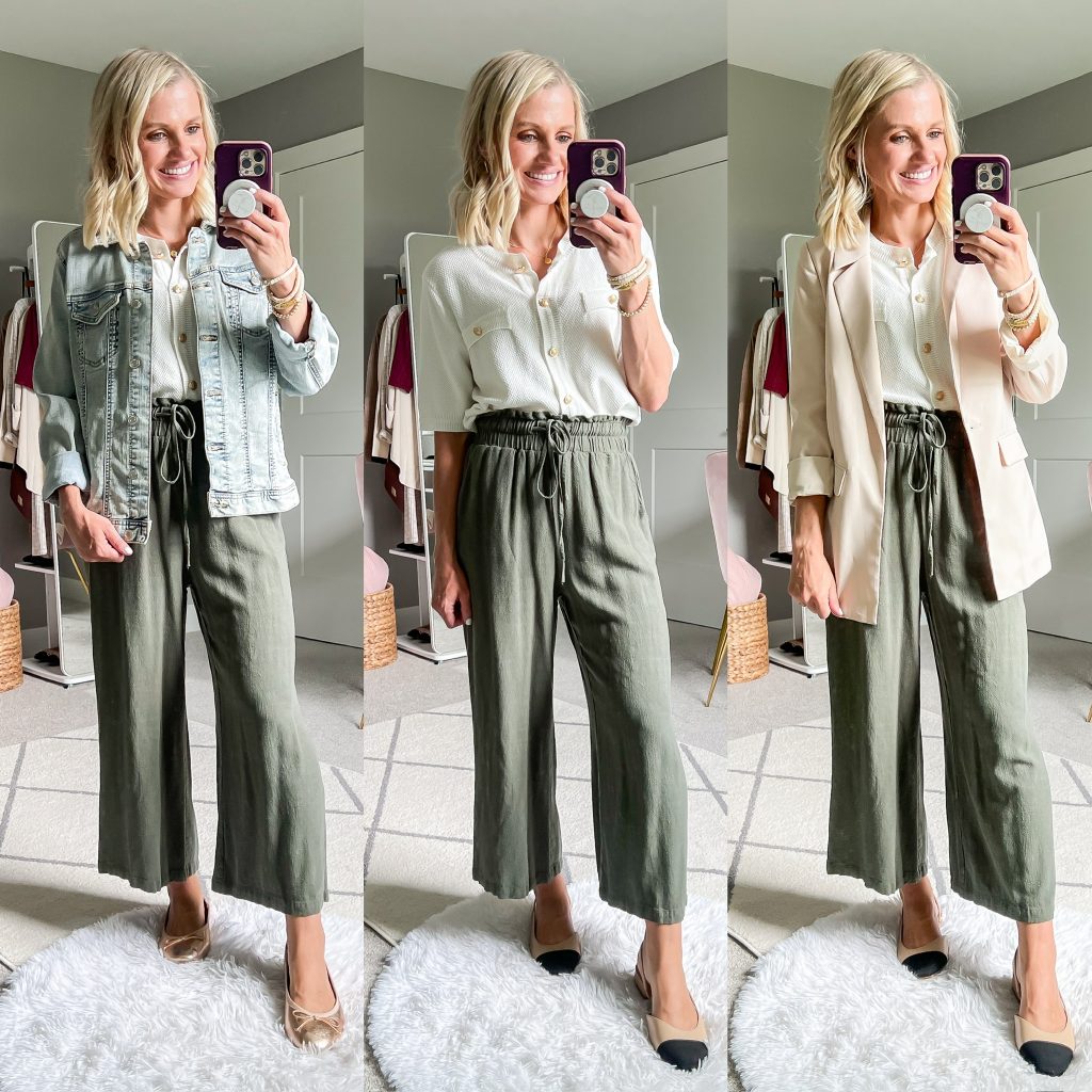 fall teacher capsule wardrobe with wide legged green pants styled three ways