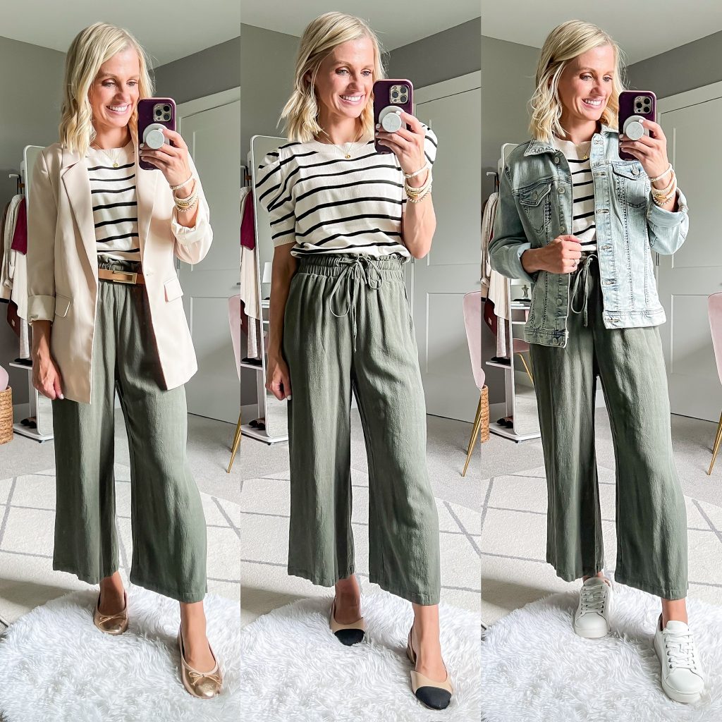 fall teacher capsule wardrobe wide-legged green pants from amazon styled three different ways