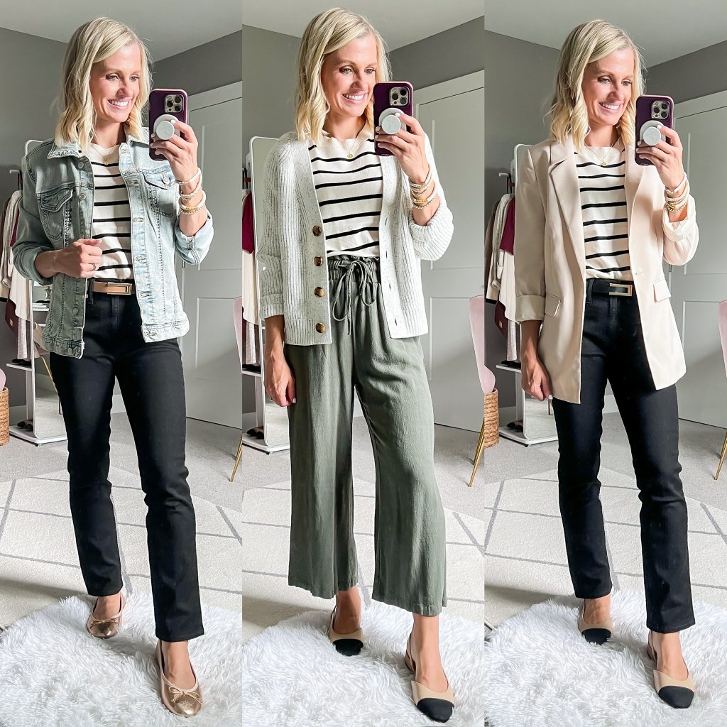 fall teacher wardrobe short-sleeved striped shirt styled three ways