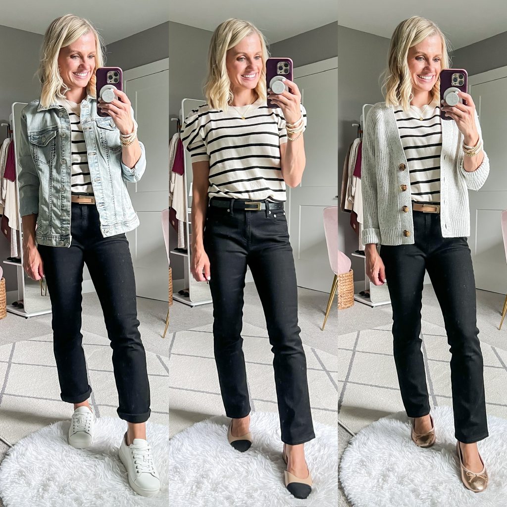 fall teacher outfit ideas with striped short-sleeved shirt styled three ways