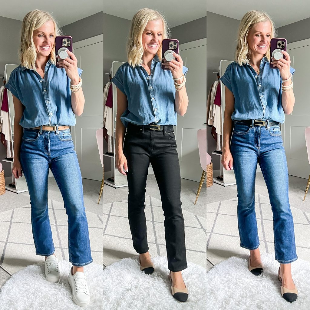 fall teacher outfits collage with short sleeved denim shirt and jeans