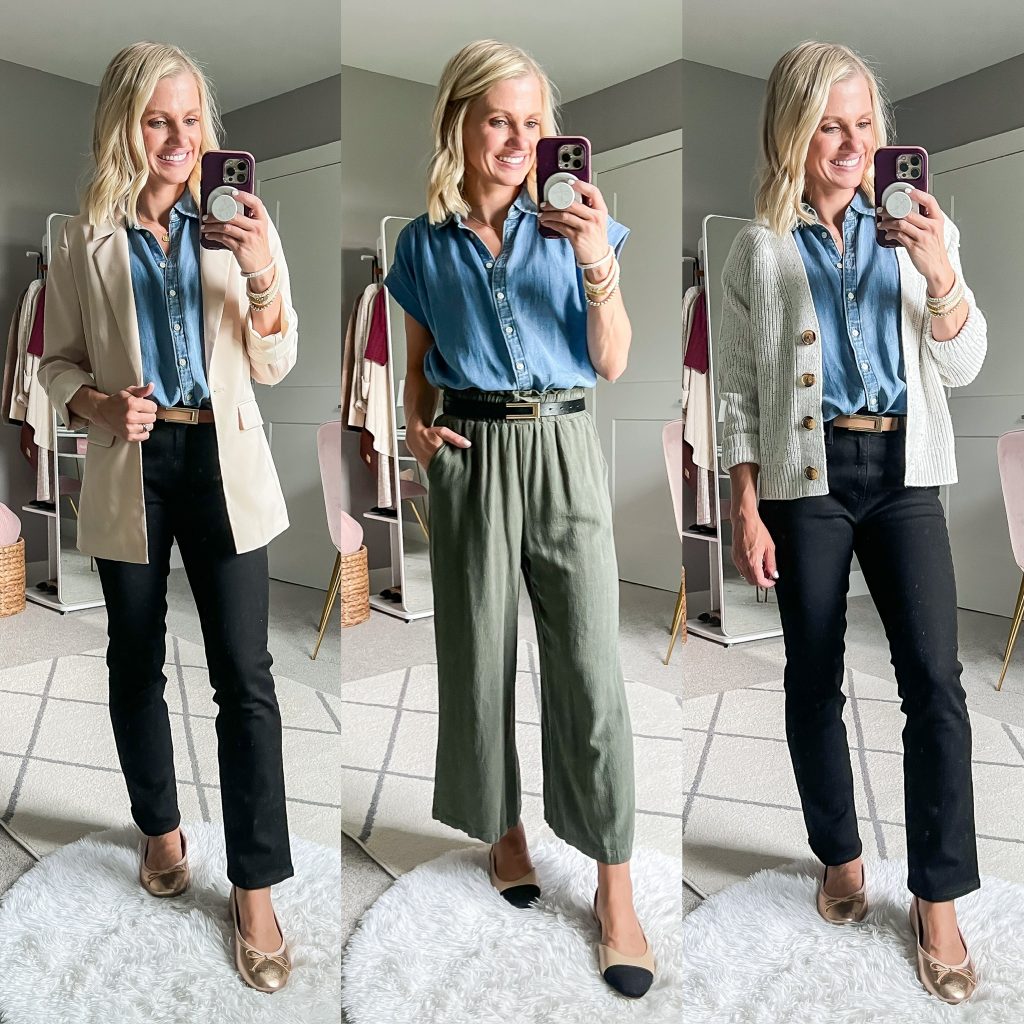 fall teacher outfits with denim short sleeved shirt and black and green pants