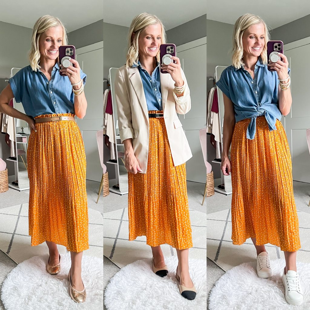 teacher capsule wardrobe collage with denim short sleeve shirt and ballet flats and tennis shoes