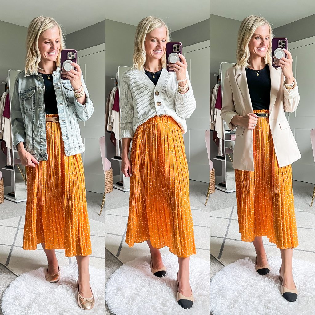 fall teacher wardrobe collage with orange maxi skirt