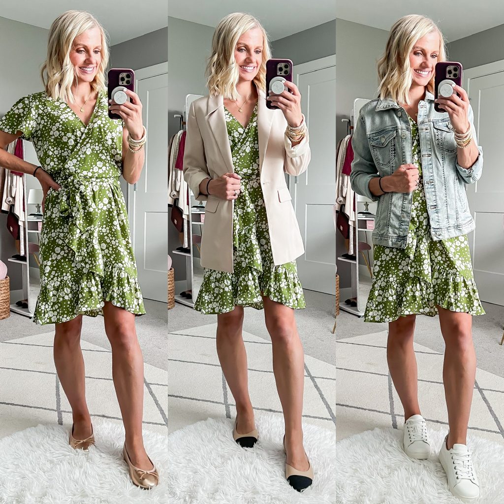 fall teacher capsule wardrobe ideas green wrap dress