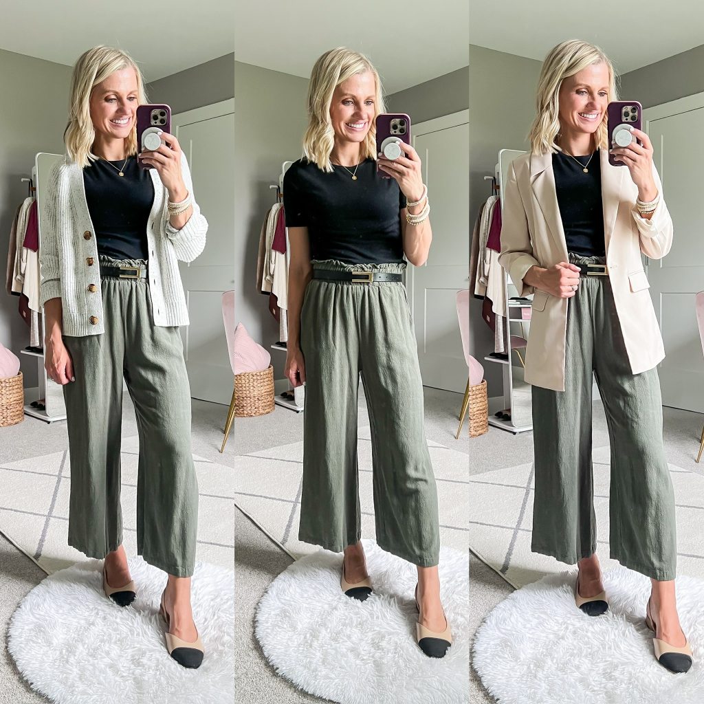 fall teacher capsule collage with green wide-leg trousers and black t-shirt